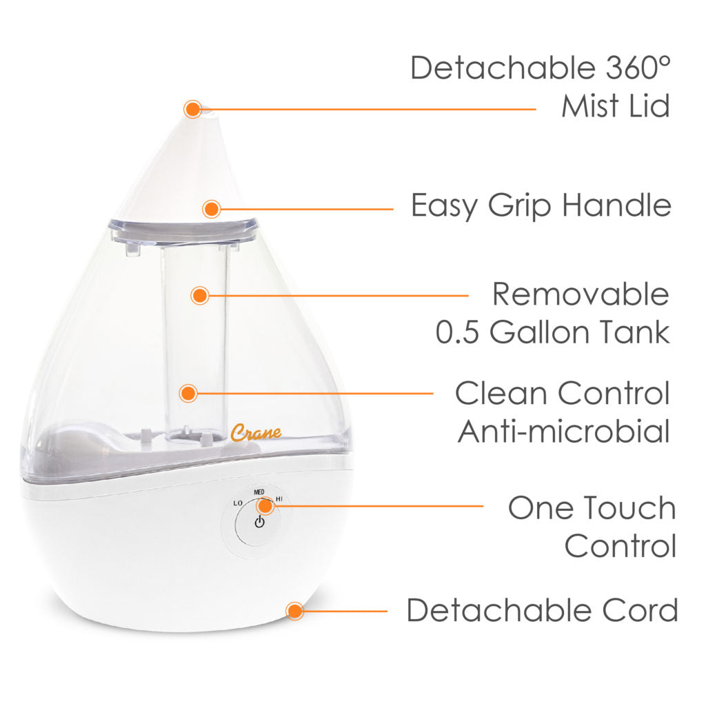 Crane RB-5302CW Droplet Ultrasonic Cool Mist 0.5 Gallon Humidifier Clear - Certified Refurbished
