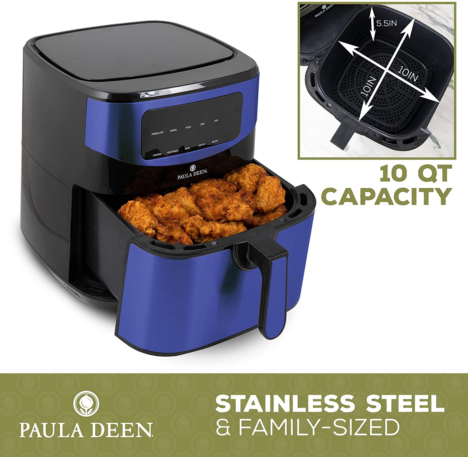 Paula Deen PDKDF579BL-RB Stainless Steel 10 QT 1700 Watts LED Display Digital Air Fryer Blue Stainless - Certified Refurbished