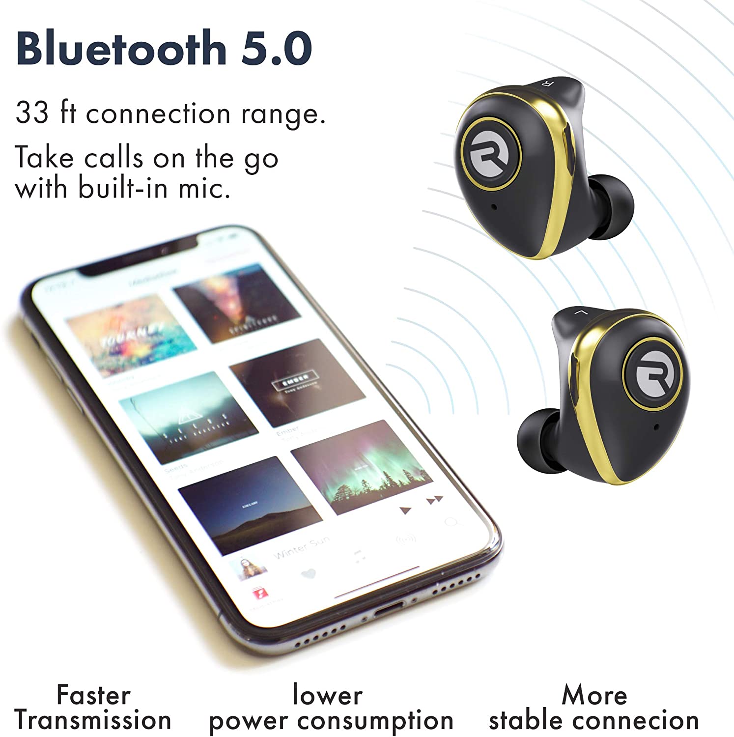 Raycon E50 Wireless Earbuds Headphones + Mic + Case Gold- Certified Refurbished